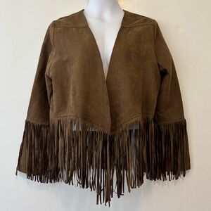 Wrangler faux leather brown fringe jacket women medium polyester crop Y2K 90s